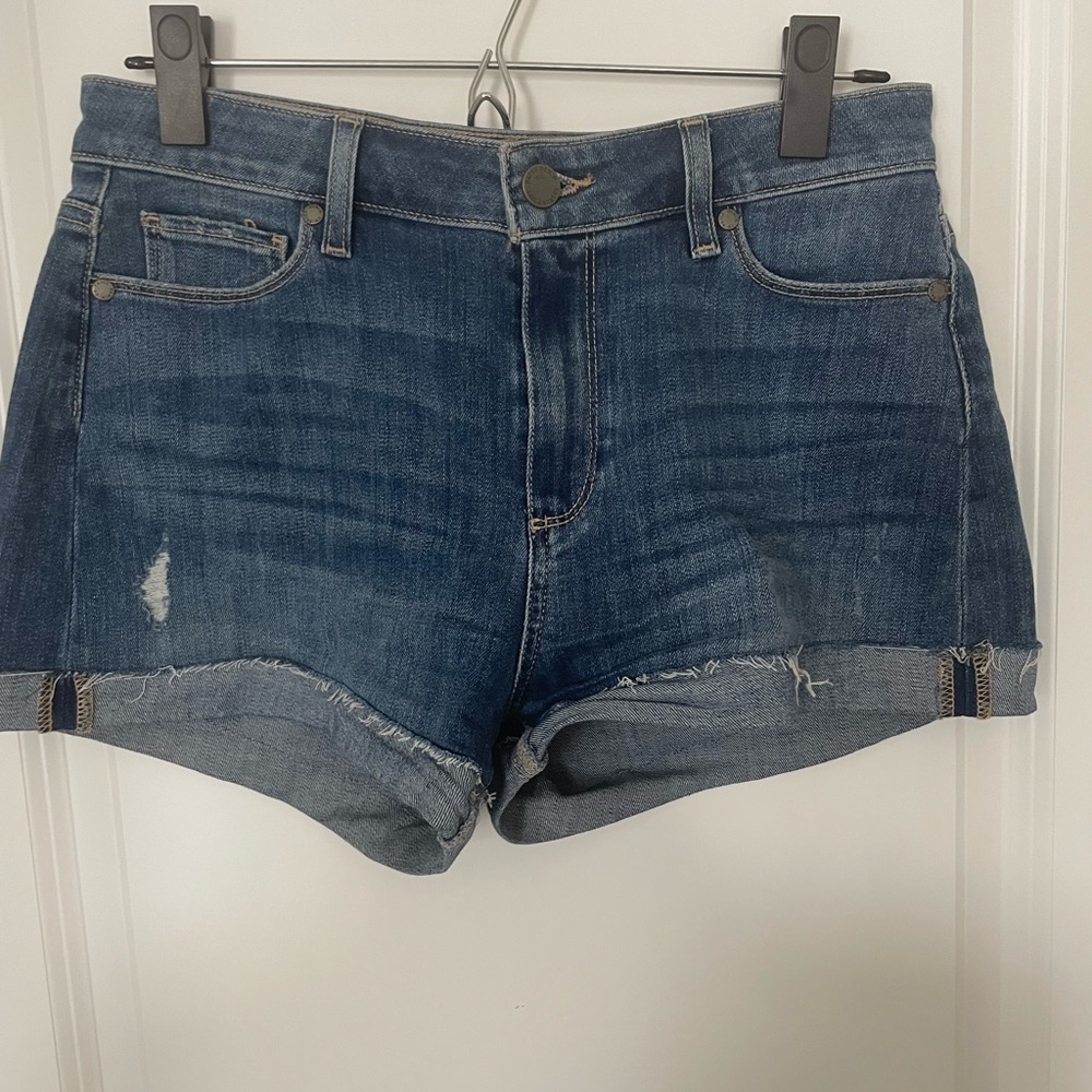 PAIGE Blue Jean Shorts with Distressed Details